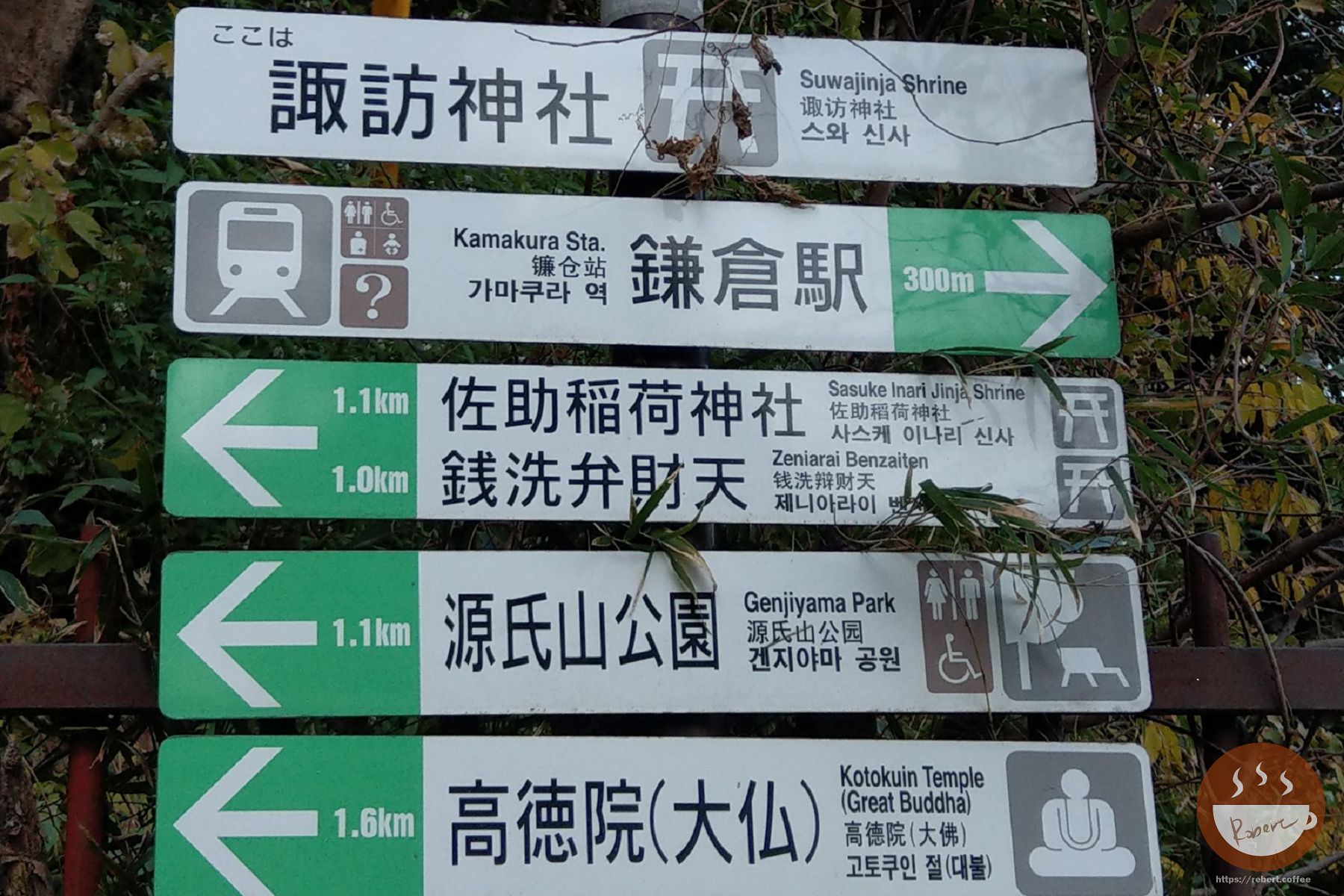停下來拍的扛棒，顯示往高德院1.6公里，往鎌倉車站300公尺，其實整個距離只有兩公里約30分鐘內可以走完的腳程